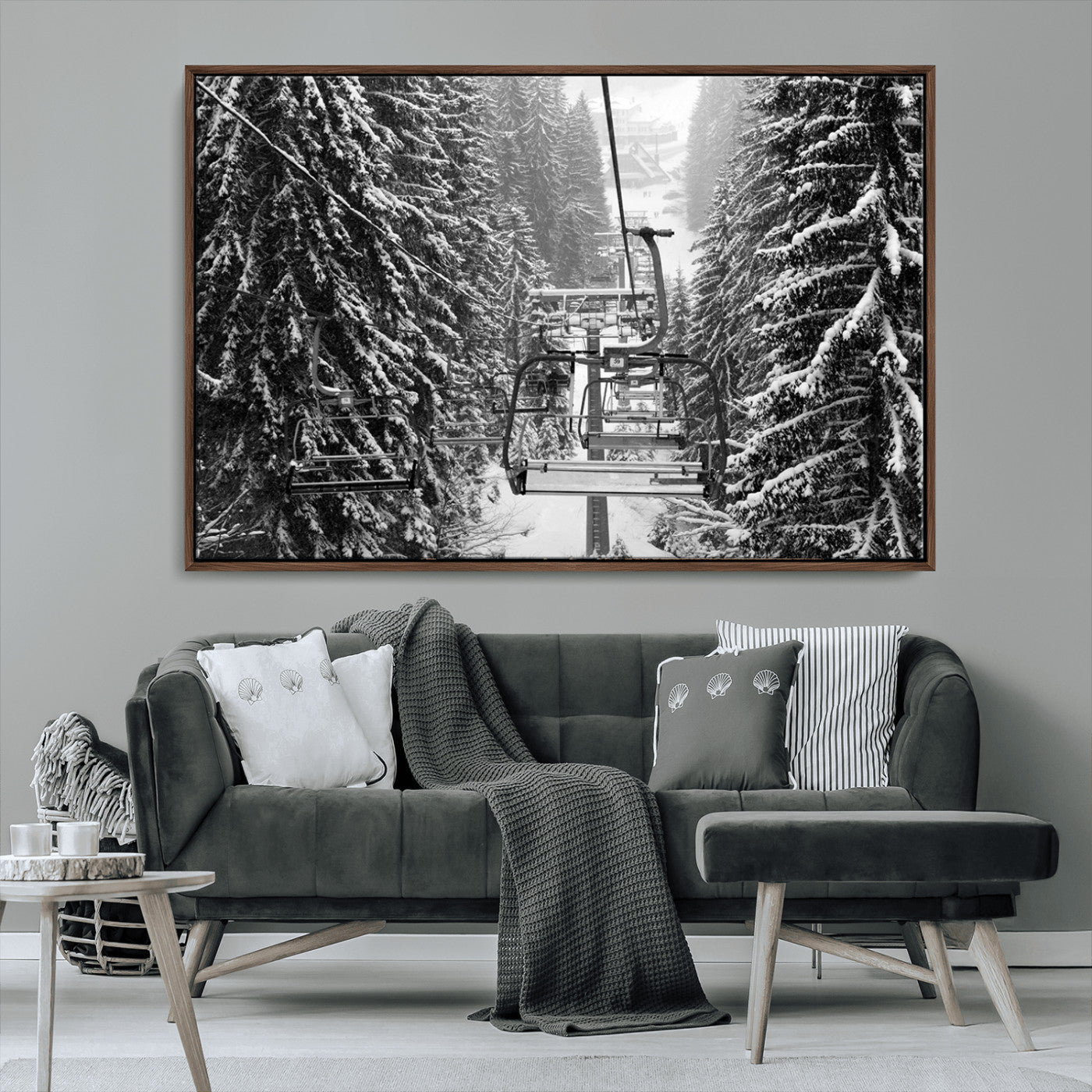19240-MGV-CV-36X24-Ski Lift Wall Art – Black and White Winter Mountain Canvas Print, Snowy Forest Ski Resort Photography for Cabin, Lodge, Office or