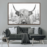 94579-MGV-CV-36X24-Highland Cow Wall Art – Black and White Longhorn Canvas Print, Rustic Western Farmhouse Animal Photography for Living Room,