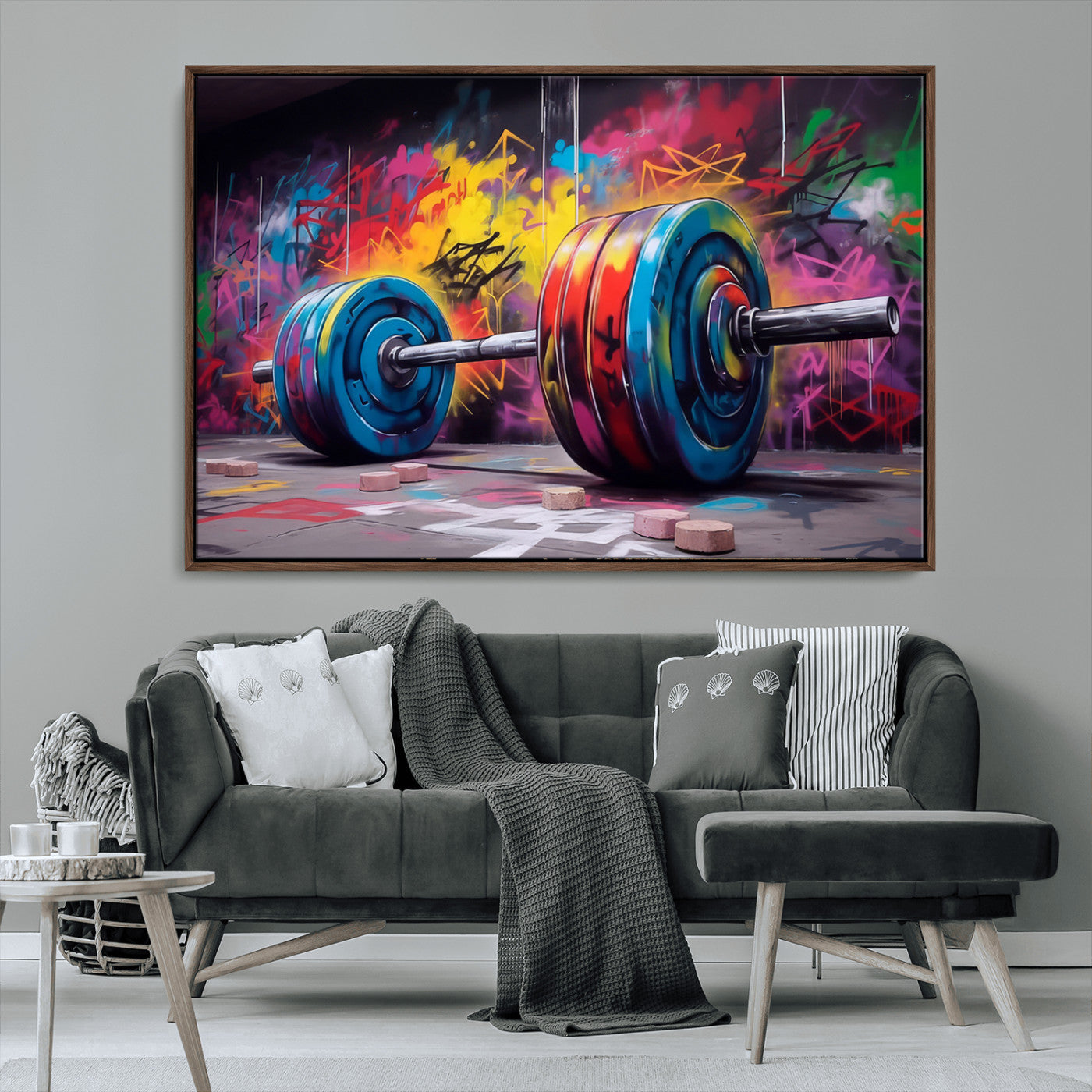 13549-MGV-FC-36X24_Walnut-Graffiti Gym Wall Art Canvas Print, Framed Graffiti Barbell Art Picture Print, Weightlifting Perfect Fitness Studio Decor Artwork