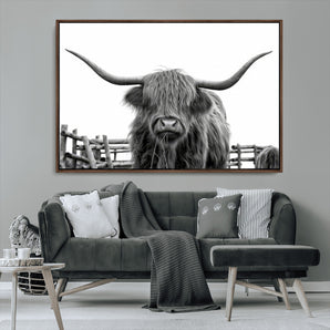58188-MGV-CV-36X24-Highland Cow Wall Art – Black and White Rustic Farmhouse Canvas Print, Longhorn Cattle Photography Decor for Living Room or