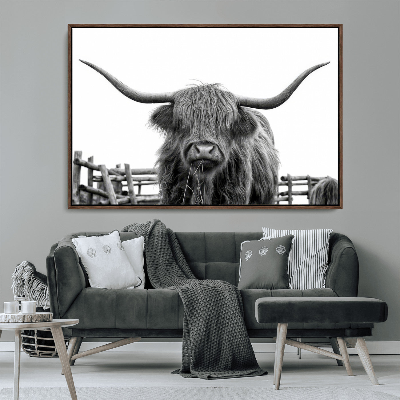 58188-MGV-CV-36X24-Highland Cow Wall Art – Black and White Rustic Farmhouse Canvas Print, Longhorn Cattle Photography Decor for Living Room or