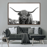 58188-MGV-CV-36X24-Highland Cow Wall Art – Black and White Rustic Farmhouse Canvas Print, Longhorn Cattle Photography Decor for Living Room or