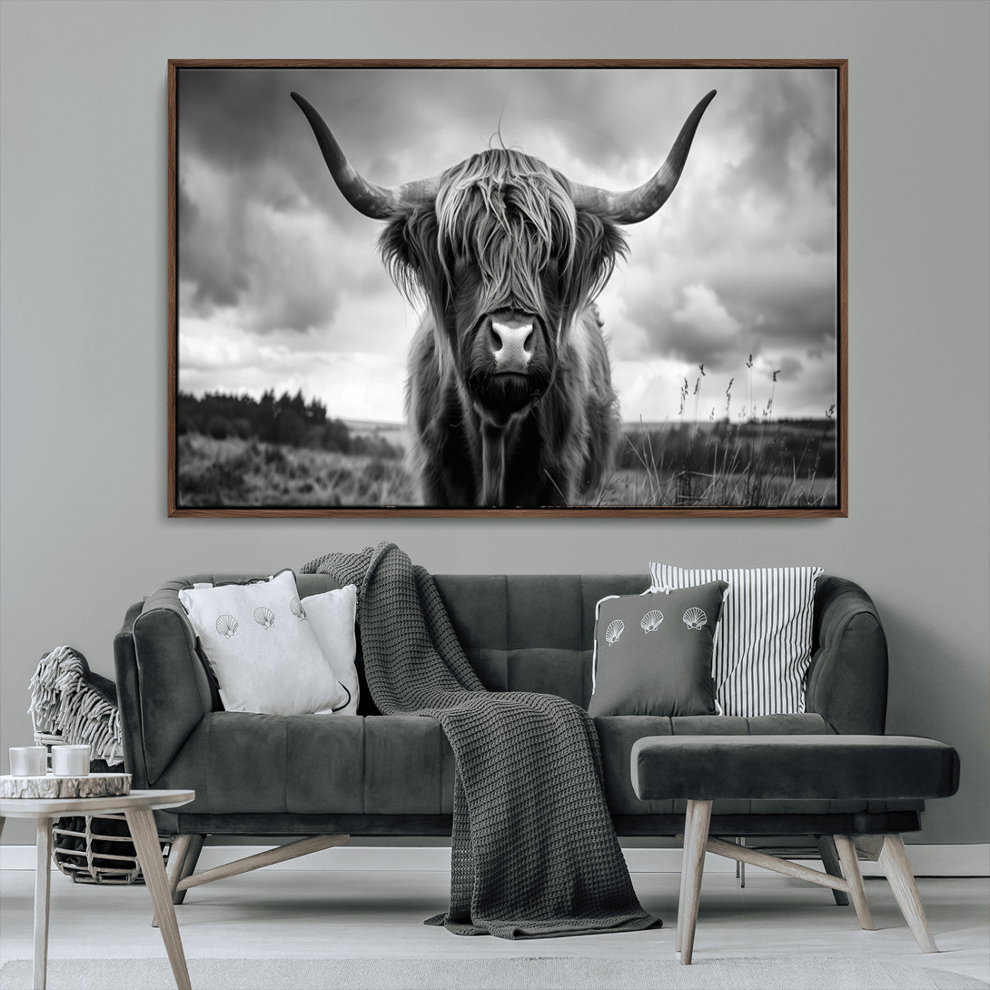 17924-MGV-CV-36X24-Highland Cow Wall Art – Black and White Rustic Longhorn Cattle Canvas Print, Farmhouse Animal Photography Decor for Country Home