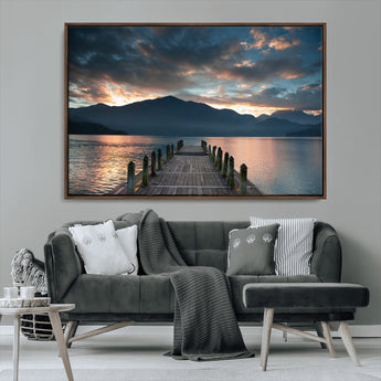 20442-MGV-CV-36X24-Lakeside Sunset Dock Wall Art – Peaceful Mountain Lake Canvas Print, Serene Nature Landscape Decor for Living Room, Bedroom or