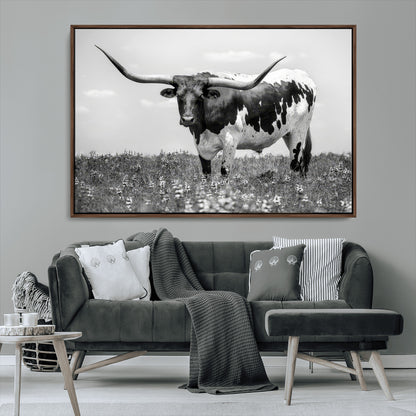 94709-MGV-CV-36X24-Texas Longhorn Wall Art – Black and White Bull Photography Canvas Print, Western Farmhouse Wall Decor for Living Room, Office or