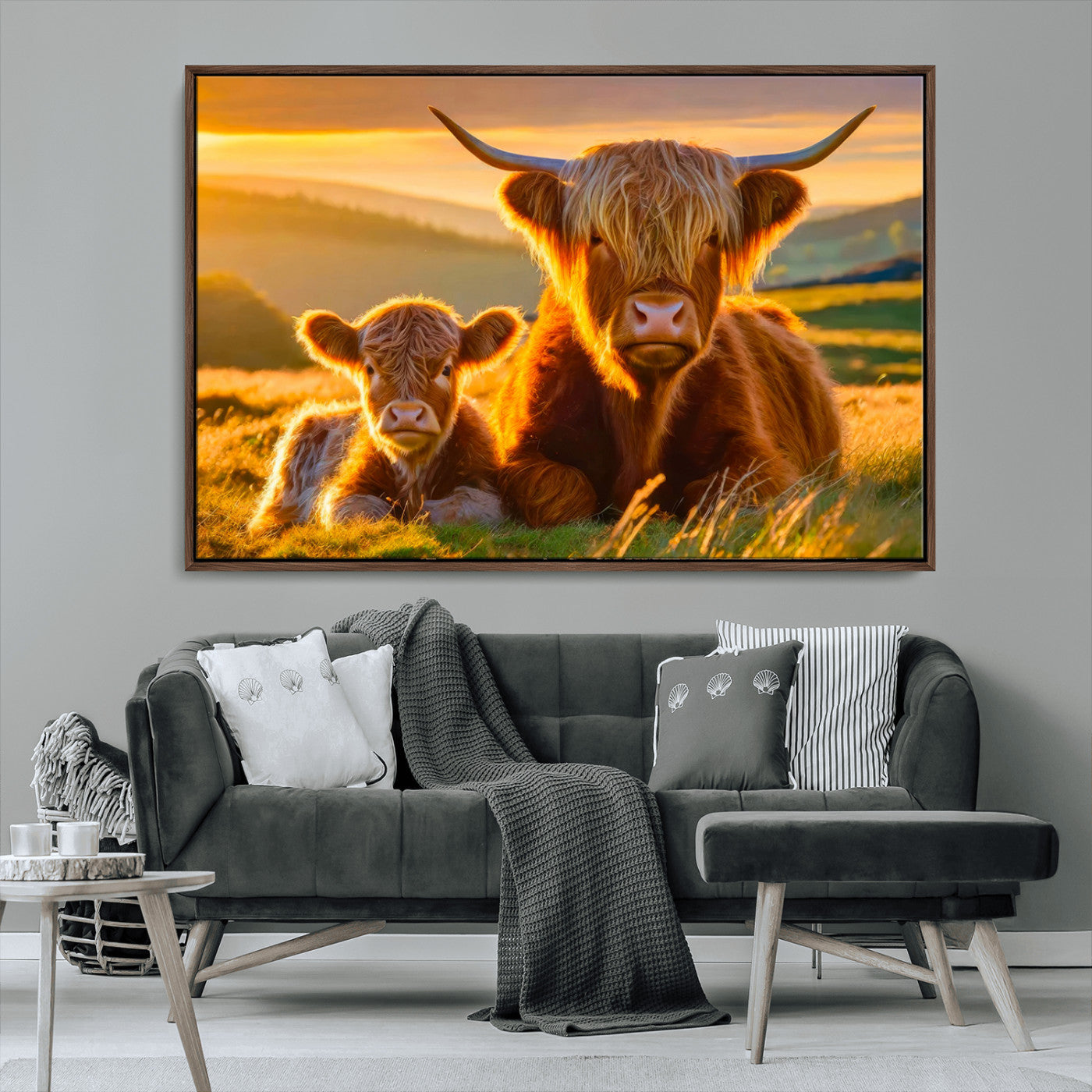 20567-MGV-CV-36X24-Highland Cow and Calf Wall Art – Rustic Farmhouse Sunset Cattle Canvas Print, Country Animal Artwork for Living Room, Bedroom, or