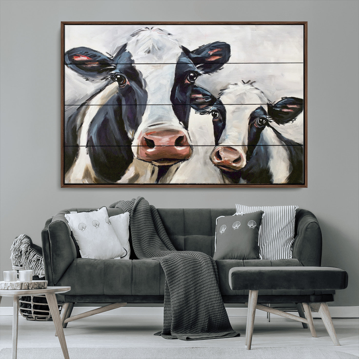 28934-MGV-CV-36X24-Farmhouse Cow Wall Art – Rustic Black and White Dairy Cattle Canvas Print, Country Barn Animal Painting for Kitchen, Living Room