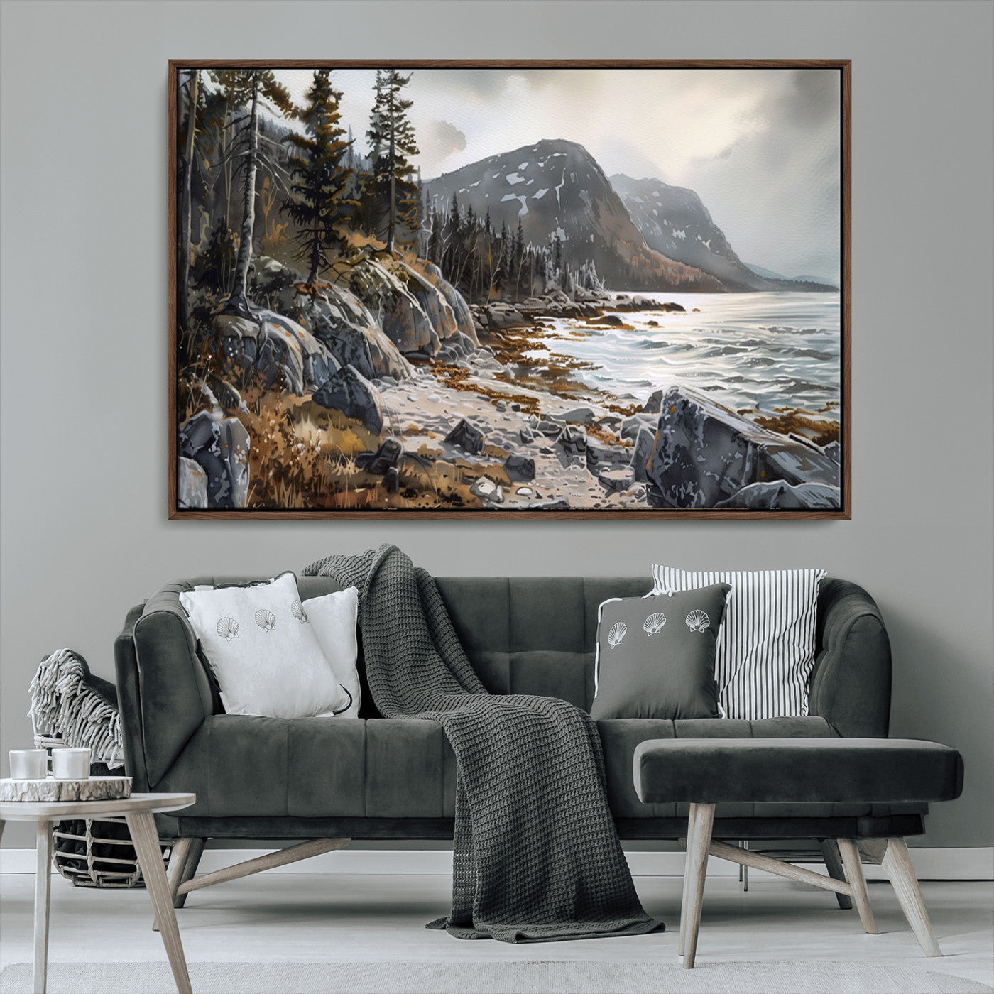 41281-MGV-CV-36X24-Rocky Shoreline Wall Art – Panoramic Mountain Coast and Forest Canvas Print, Rustic Nature Landscape Decor for Cabin, Lodge, or