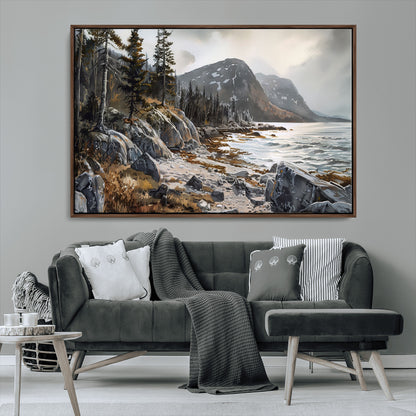 41281-MGV-CV-36X24-Rocky Shoreline Wall Art – Panoramic Mountain Coast and Forest Canvas Print, Rustic Nature Landscape Decor for Cabin, Lodge, or