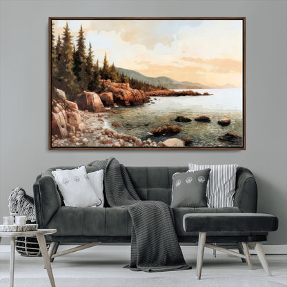 77145-MGV-CV-36X24-Coastal Landscape Wall Art – Panoramic Rocky Shoreline and Pine Trees Canvas Print, Rustic Nature Decor for Cabin, Lodge, Office,