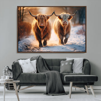 94810-MGV-CV-36X24-Highland Cow Wall Art – Rustic Canvas Print Two Cattle Snow Path Sunset, Farmhouse Country Decor for Living Room, Bedroom, Office,