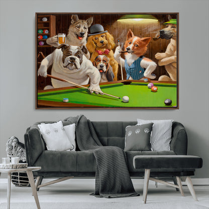 34228-MGV-FC-36X24_Walnut-Dogs Playing Pool Wall Art Canvas Print, Framed Funny Dog Art Picture Print, Dog Perfect Game Room Decor Artwork