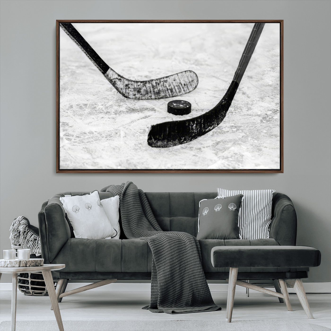 82900-MGV-CV-36X24-Hockey Wall Art – Black and White Canvas Print Ice Rink Sticks Puck Sports Photography, Modern Decor for Game Room, Man Cave,
