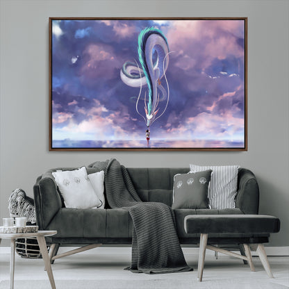 66864-MGV-CV-36X24-Fantasy Dragon Wall Art – Mystical Canvas Print Girl and Sky Serpent Dreamlike Clouds, Magical Anime Inspired Decor for Living