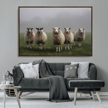 87339-MGV-CV-36X24-Sheep Wall Art – Rustic Farmhouse Canvas Print Flock Standing Misty Field Countryside Photography, Country Animal Decor for Living
