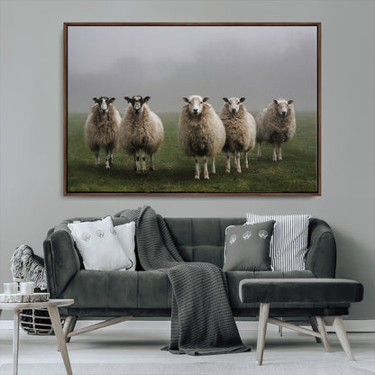 87339-MGV-CV-36X24-Sheep Wall Art – Rustic Farmhouse Canvas Print Flock Standing Misty Field Countryside Photography, Country Animal Decor for Living