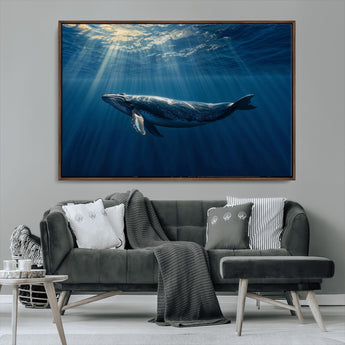 18052-MGV-CV-36X24-Whale Wall Art – Majestic Ocean Canvas Print Marine Life Underwater Sunlight Scene, Nautical Coastal Decor for Living Room,