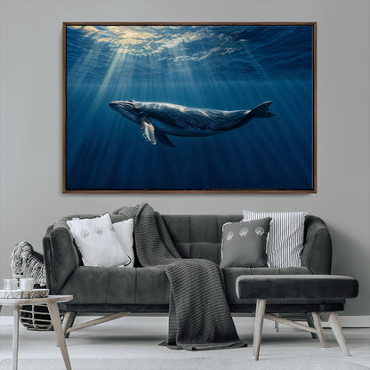 18052-MGV-CV-36X24-Whale Wall Art – Majestic Ocean Canvas Print Marine Life Underwater Sunlight Scene, Nautical Coastal Decor for Living Room,