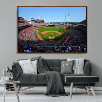 90998-MGV-CV-36X24-Baseball Stadium Wall Art – Canvas Print Day Game Field Packed Crowd Bright Blue Sky Sports Photography, Classic Decor for Game
