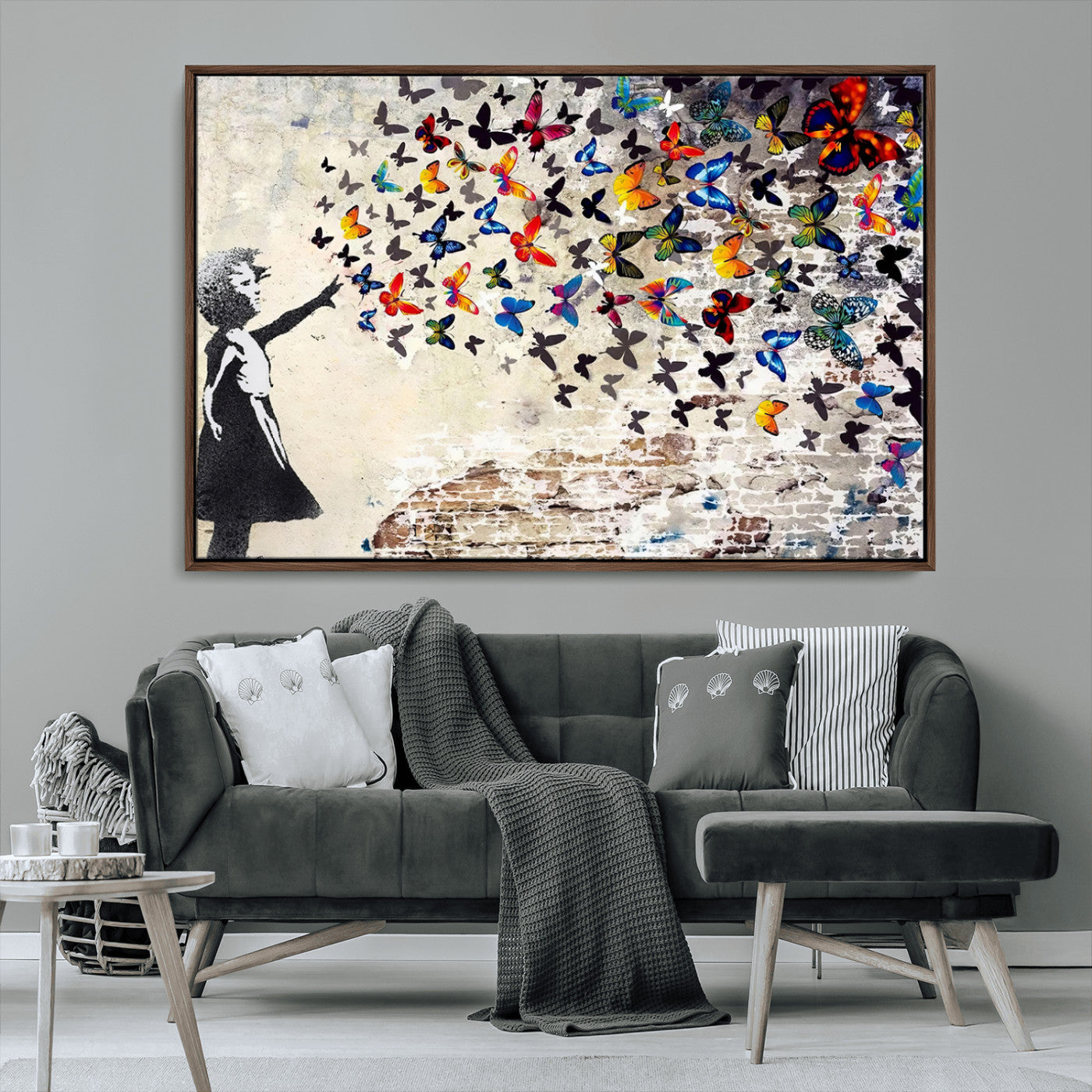 97895-MGV-FC-36X24_Walnut-Girl with Butterflies Wall Art – Colorful Street Art Style Canvas Print, Modern Graffiti-Inspired Butterfly Artwork for Living