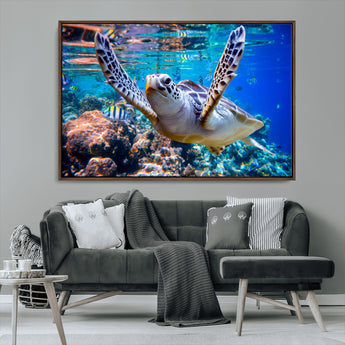 12683-MGV-CV-36X24-Sea Turtle Wall Art – Graceful Ocean Canvas Print with Coral Reef and Tropical Fish, Coastal Marine Life Decor for Beach House,