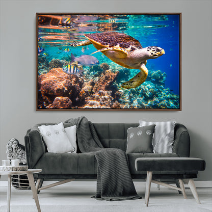 66614-MGV-CV-36X24-Sea Turtle Wall Art – Hawksbill Turtle Swimming Over Coral Reef Canvas Print, Ocean Marine Life Decor for Beach House, Coastal
