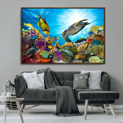 44772-MGV-CV-36X24-Underwater Sea Turtle Wall Art – Vibrant Coral Reef and Tropical Fish Canvas Print, Ocean Marine Life Decor for Living Room,