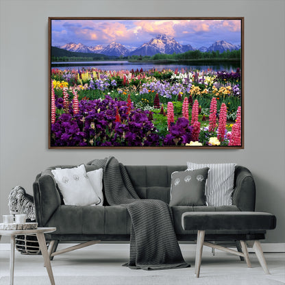 82270-MGV-FC-36X24_Walnut-Colorful Wildflower Meadow Landscape Wall Art – Snow-Capped Mountain Lake Sunset Print, Vibrant Nature Artwork for Living Room,
