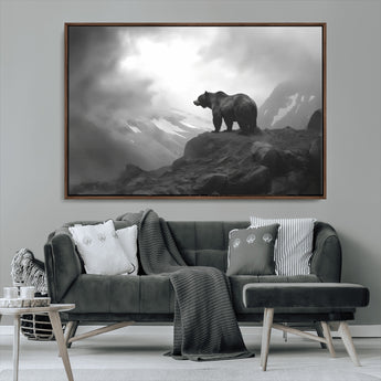 49504-MGV-CV-36X24-Black and White Grizzly Bear Wall Art – Wilderness Wildlife Painting, Rustic Mountain Cabin Decor, Monochrome Animal Print for