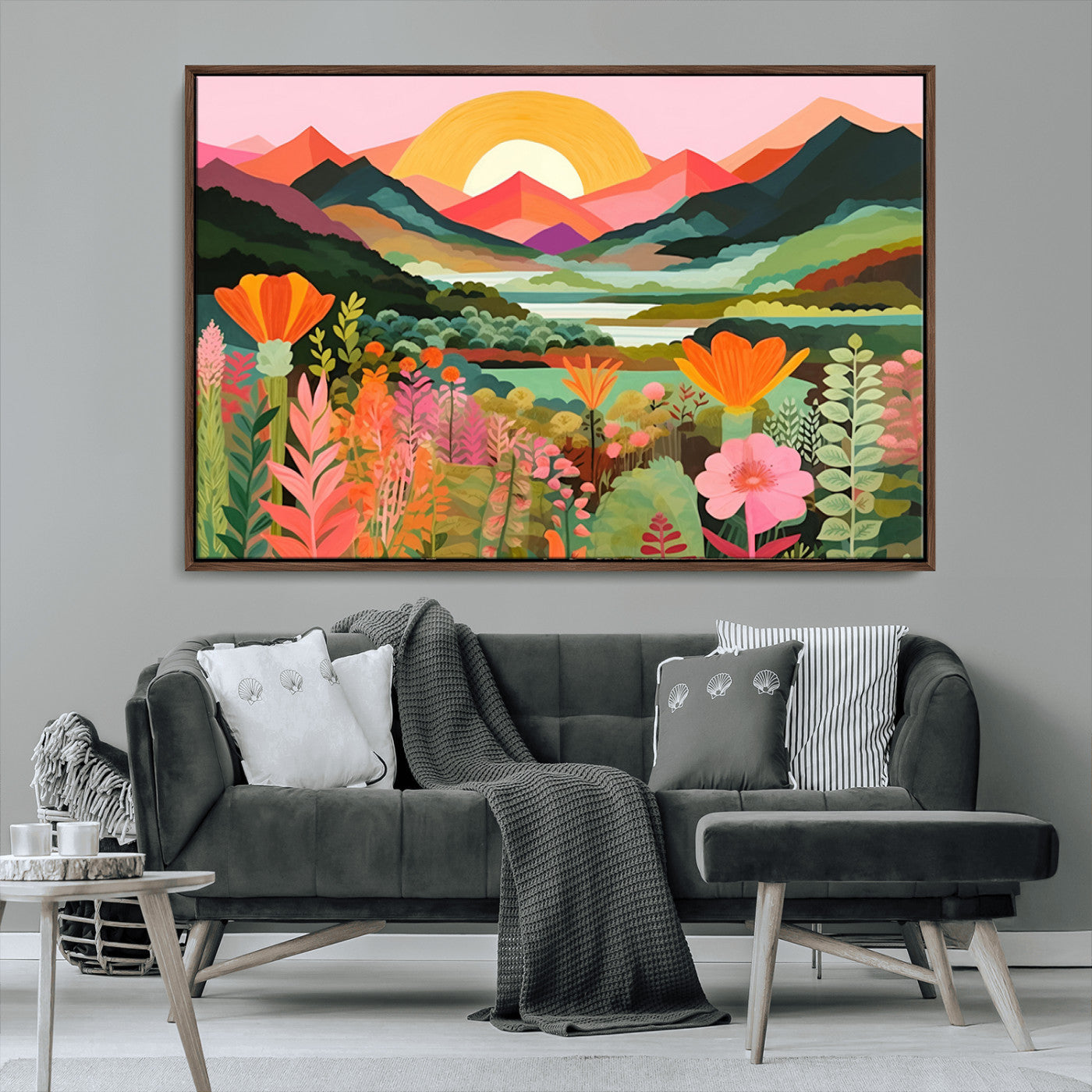 78974-MGV-CV-36X24-Sunset Mountain Landscape Wall Art – Colorful Nature Canvas Print with Flowers and Hills, Vibrant Botanical Artwork for Living