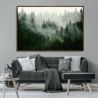167720496-MGV-CV-36X24-Misty Forest Wall Art – Serene Evergreen Trees Canvas Print, Foggy Mountain Nature Landscape Decor for Bedroom, Living Room or