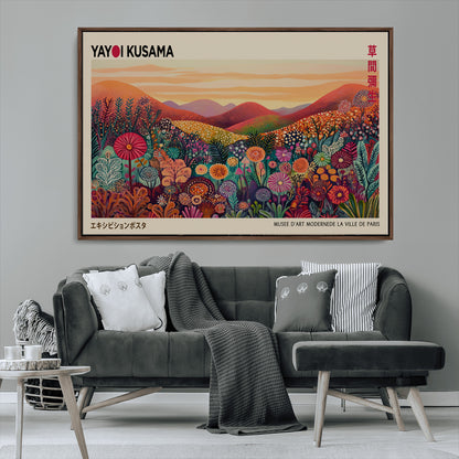 66096-MGV-FC-36X24_Walnut-Yayoi Kusama Wall Art – Sunset Floral Landscape Canvas Print, Vibrant Flower Garden Panorama for Living Room, Bedroom or Office