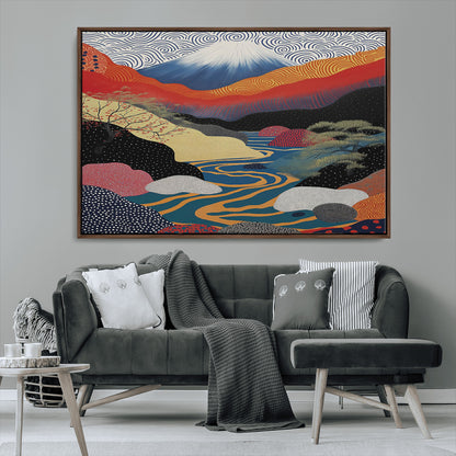 22313-MGV-FC-36X24_Walnut-Yayoi Kusama Wall Art – Abstract Mount Fuji Landscape Canvas Print, Vibrant Japanese Nature Scene with River, Mountains and Sky
