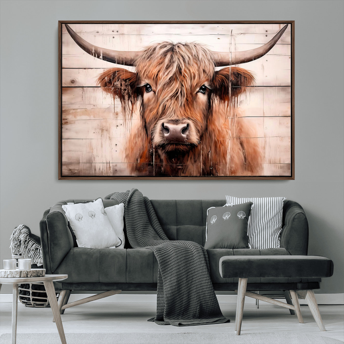93730-MGV-FC-36X24_Walnut-Scottish Cow Wall Art Canvas Print, Framed Longhorn Cow Art Picture Print, Highland Cattle Perfect Rustic Farmhouse Decor Artwork