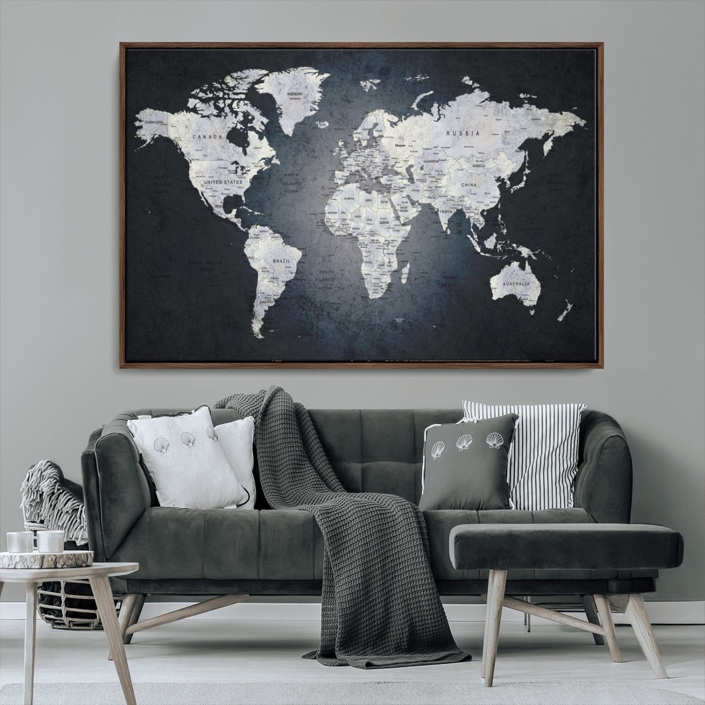 19124-MGV-CV-36X24-Modern World Map Wall Art – Black and White Canvas Print, Minimalist Global Map Decor for Office, Study, Bedroom or Living Room