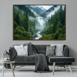 69453-MGV-CV-36X24-Mountain Forest Wall Art – Misty River and Evergreen Landscape Canvas Print, Nature Photography Poster for Living Room, Bedroom,