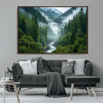 69453-MGV-CV-36X24-Mountain Forest Wall Art – Misty River and Evergreen Landscape Canvas Print, Nature Photography Poster for Living Room, Bedroom,