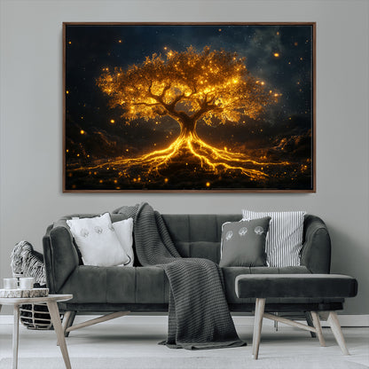 60194-MGV-CV-36X24-Glowing Tree Wall Art – Golden Roots Fantasy Canvas Print, Mystical Illuminated Tree Painting Poster for Living Room, Bedroom,