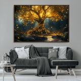 92739-MGV-CV-36X24-Glowing Tree Wall Art – Enchanted Golden Forest Canvas Print, Mystical Illuminated Nature Painting Poster for Living Room,
