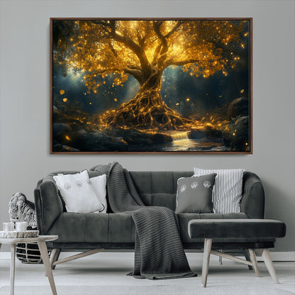 92739-MGV-CV-36X24-Glowing Tree Wall Art – Enchanted Golden Forest Canvas Print, Mystical Illuminated Nature Painting Poster for Living Room,