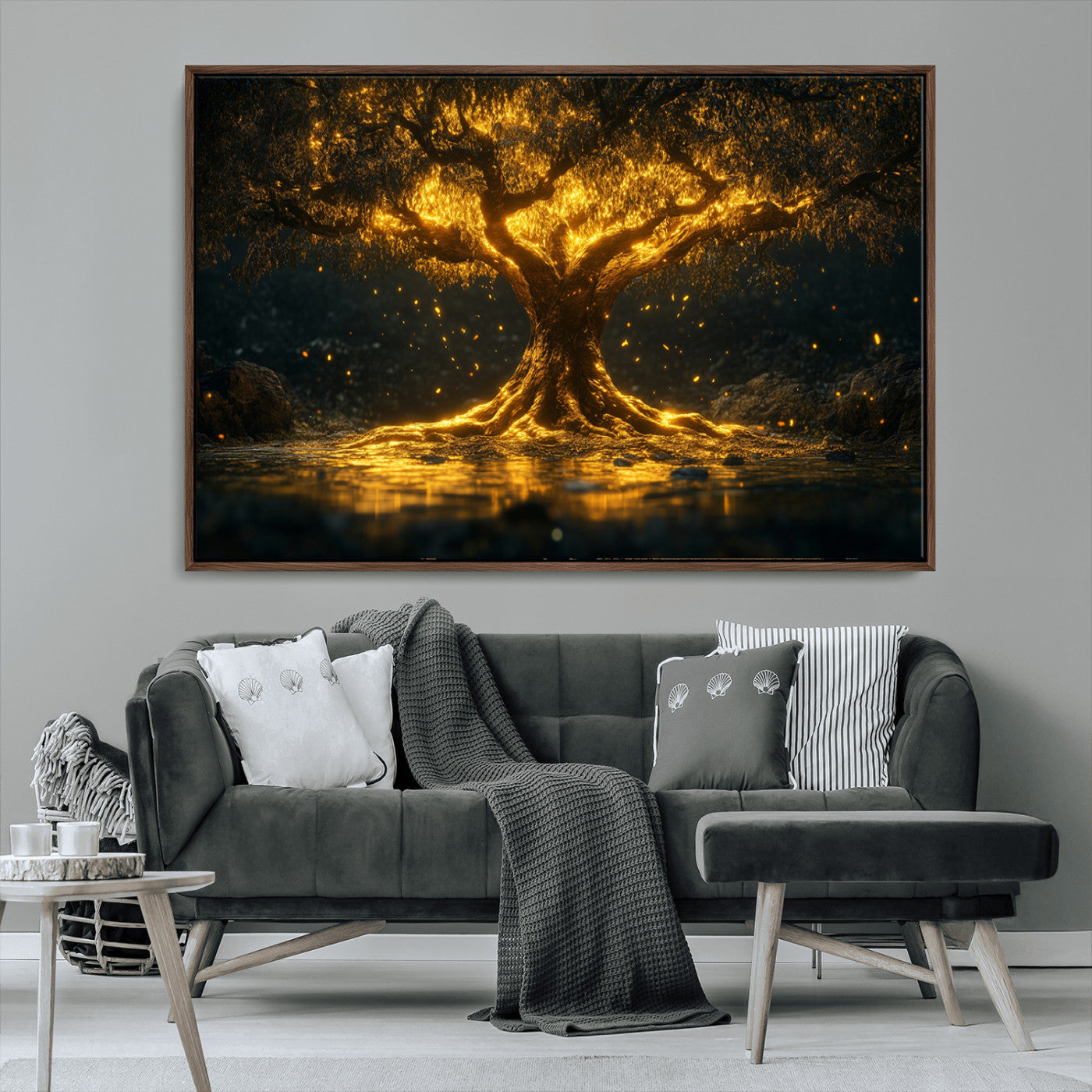 59580-MGV-CV-36X24-Glowing Tree Wall Art – Golden Fantasy Nature Canvas Print, Mystical Illuminated Tree Painting Poster for Living Room, Bedroom,