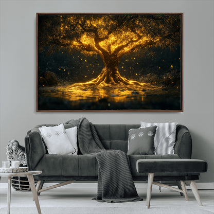 59580-MGV-CV-36X24-Glowing Tree Wall Art – Golden Fantasy Nature Canvas Print, Mystical Illuminated Tree Painting Poster for Living Room, Bedroom,