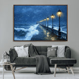 32668-MGV-CV-36X24-Stormy Pier Wall Art – Ocean Waves and Street Lamps Canvas Print, Rainy Night Seascape Oil Painting Poster for Living Room,