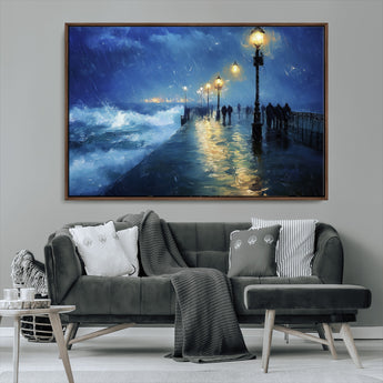 94571-MGV-CV-36X24-Seaside Night Wall Art – Ocean Waves and Street Lamps Canvas Print, Rainy City Pier Oil Painting Poster for Living Room, Bedroom,