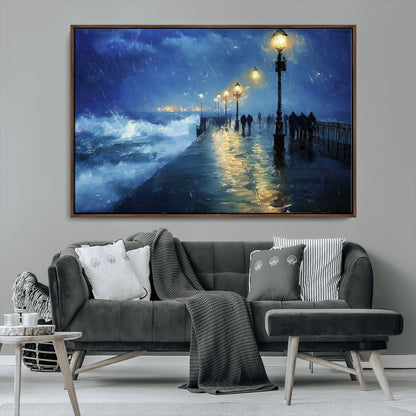 94571-MGV-CV-36X24-Seaside Night Wall Art – Ocean Waves and Street Lamps Canvas Print, Rainy City Pier Oil Painting Poster for Living Room, Bedroom,
