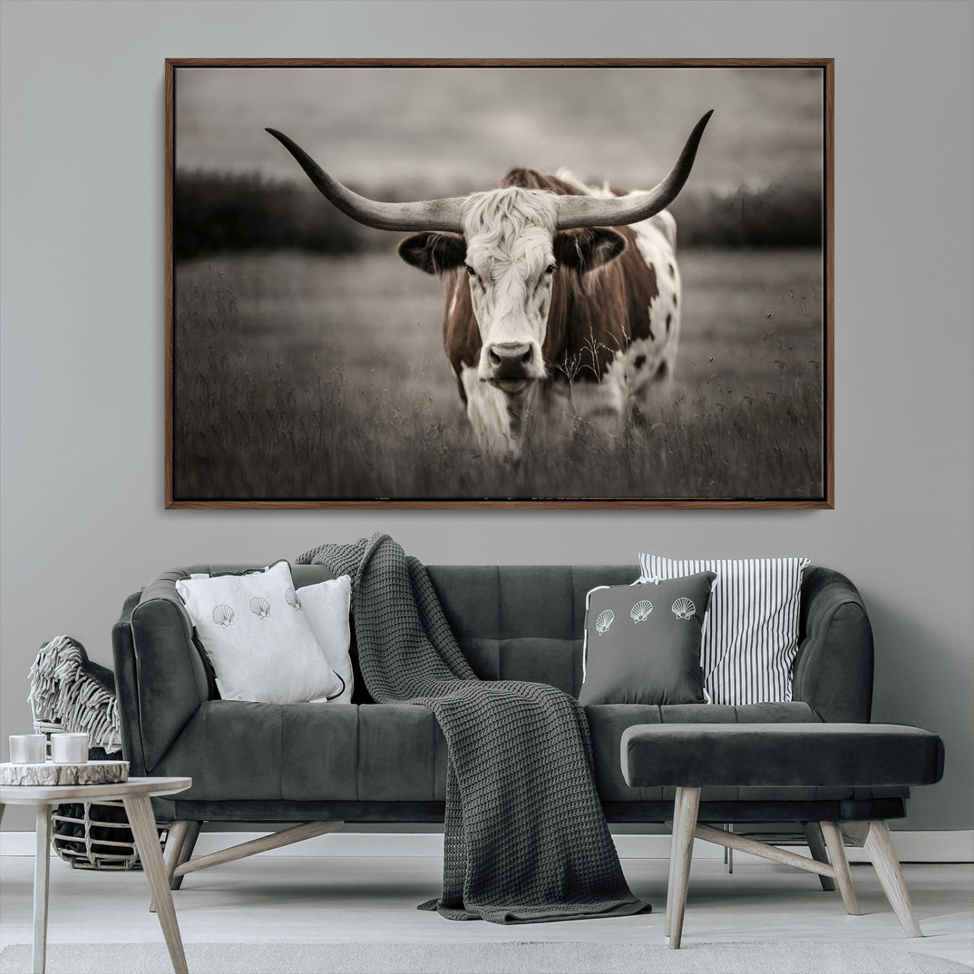 69238-MGV-CV-36X24-Longhorn Bull Wall Art – Rustic Black and White Texas Cattle Canvas Print, Western Farmhouse Animal Photography for Living Room,