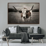 69238-MGV-CV-36X24-Longhorn Bull Wall Art – Rustic Black and White Texas Cattle Canvas Print, Western Farmhouse Animal Photography for Living Room,
