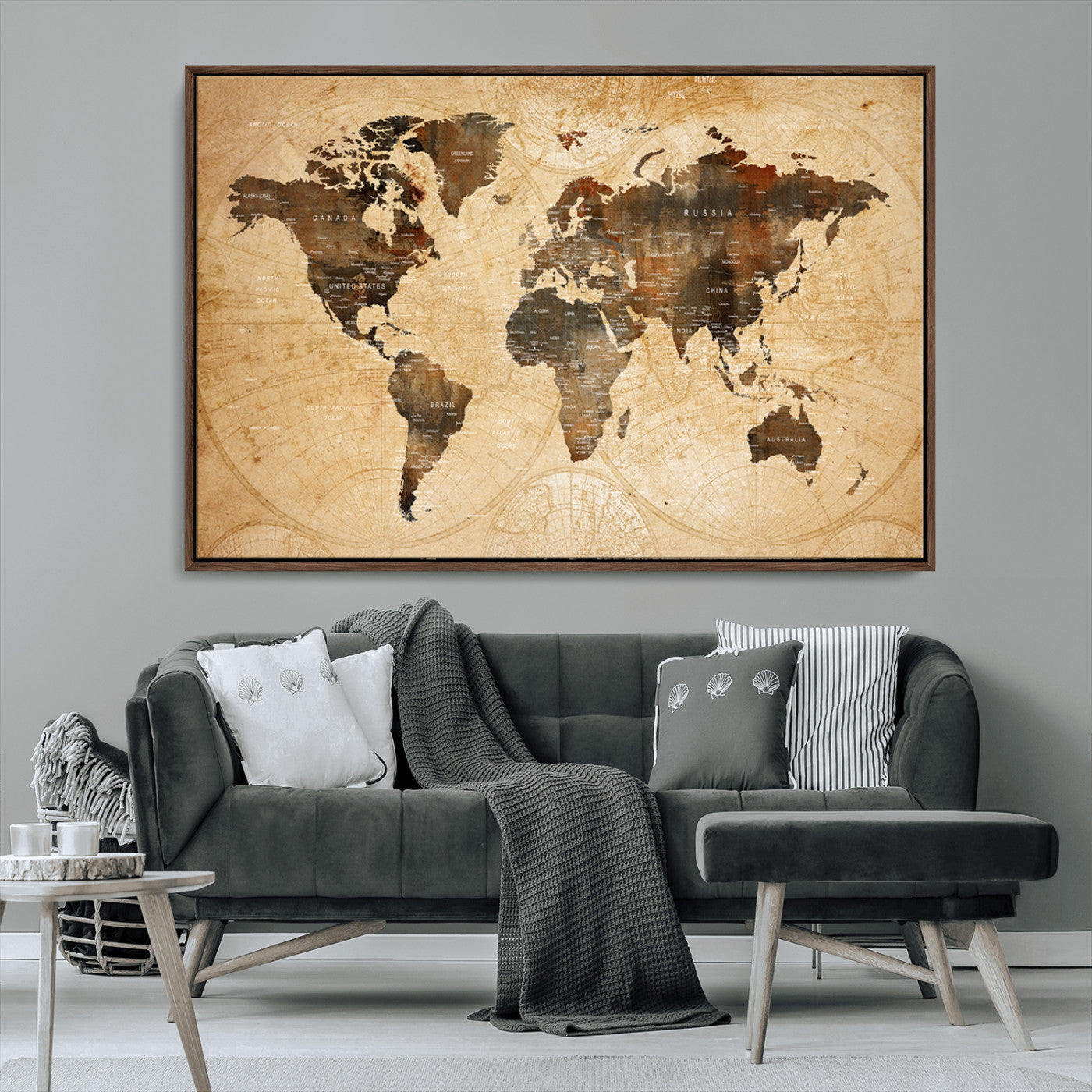 29278-MGV-CV-36X24-World Map Wall Art – Rustic Vintage Earth Tone Canvas Print, Antique Style Global Map Poster for Living Room, Bedroom, Office or