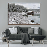 29975-MGV-CV-36X24-Winter Cabin by the Lake Wall Art – Snowy Mountain Landscape Canvas Print, Rustic Lodge Cabin Decor for Cozy Living Room, Bedroom