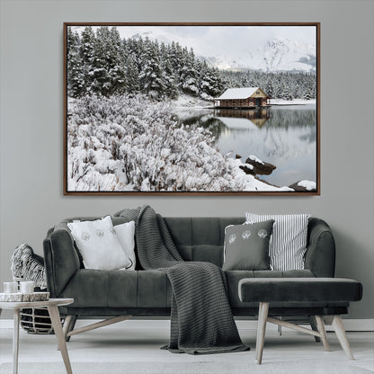 29975-MGV-CV-36X24-Winter Cabin by the Lake Wall Art – Snowy Mountain Landscape Canvas Print, Rustic Lodge Cabin Decor for Cozy Living Room, Bedroom